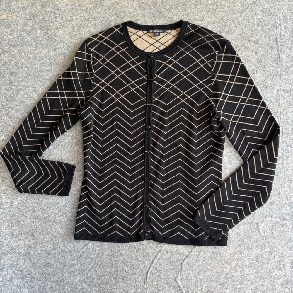 Brooks Brothers Womens Cardigan Medium Silk Cotton Geometric Chevron Black
